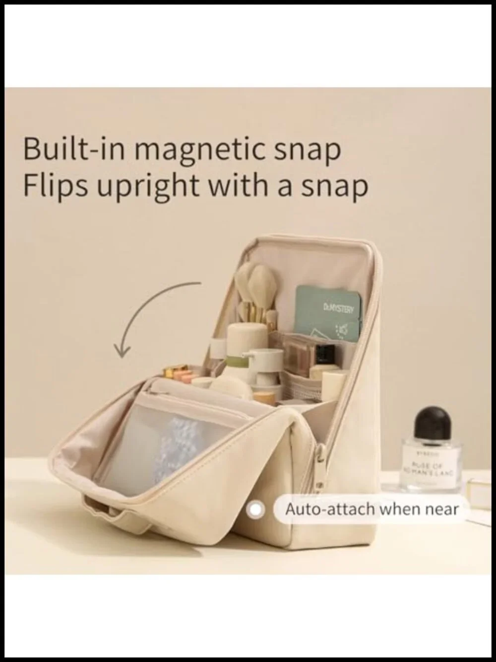 Foldable Magnetic Standing Makeup Bag with Compartments, Large Capacity Travel